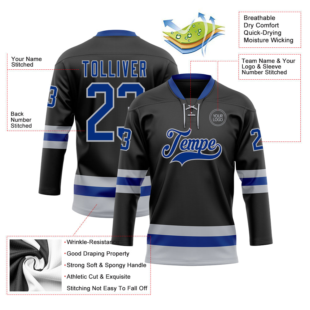 Custom Black Royal-Gray Hockey Lace Neck Jersey - Sky-Custom