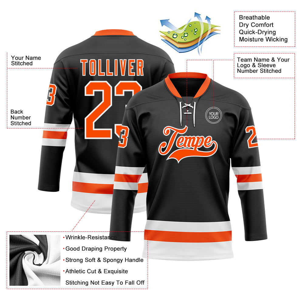 Custom Black Orange-White Hockey Lace Neck Jersey - Sky-Custom