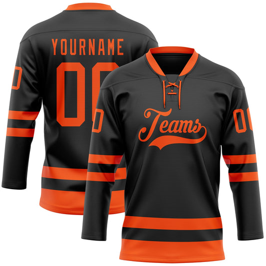 Custom Black Orange Hockey Lace Neck Jersey - Sky-Custom