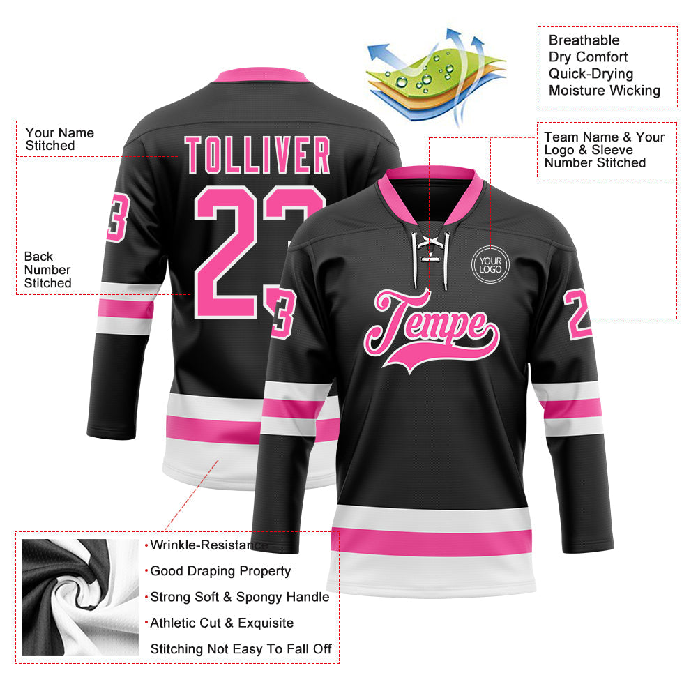 Custom Black Pink-White Hockey Lace Neck Jersey - Sky-Custom