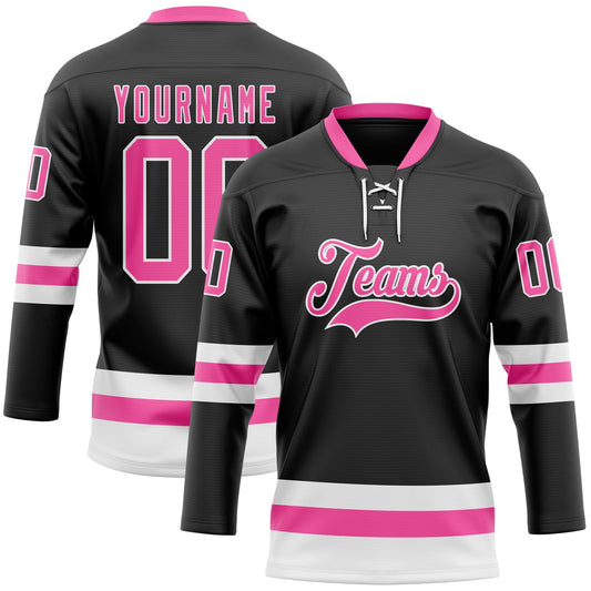 Custom Black Pink-White Hockey Lace Neck Jersey - Sky-Custom