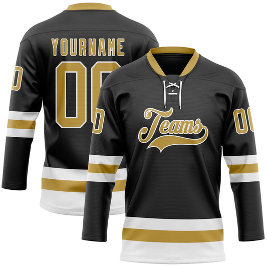 Custom Black Old Gold-White Hockey Lace Neck Jersey - Sky-Custom