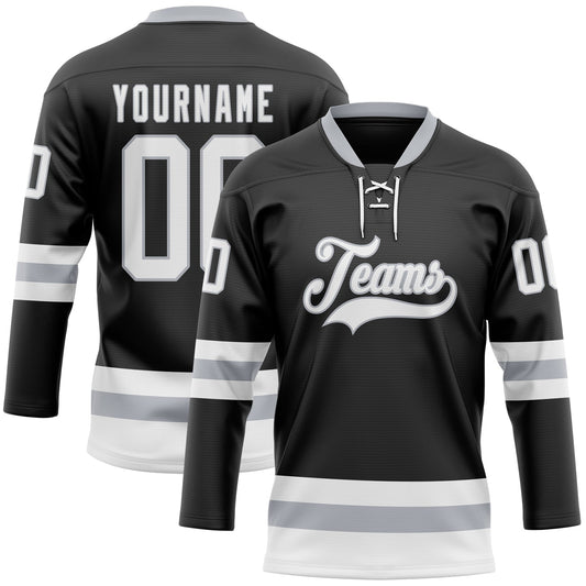 Custom Black White-Gray Hockey Lace Neck Jersey - Sky-Custom