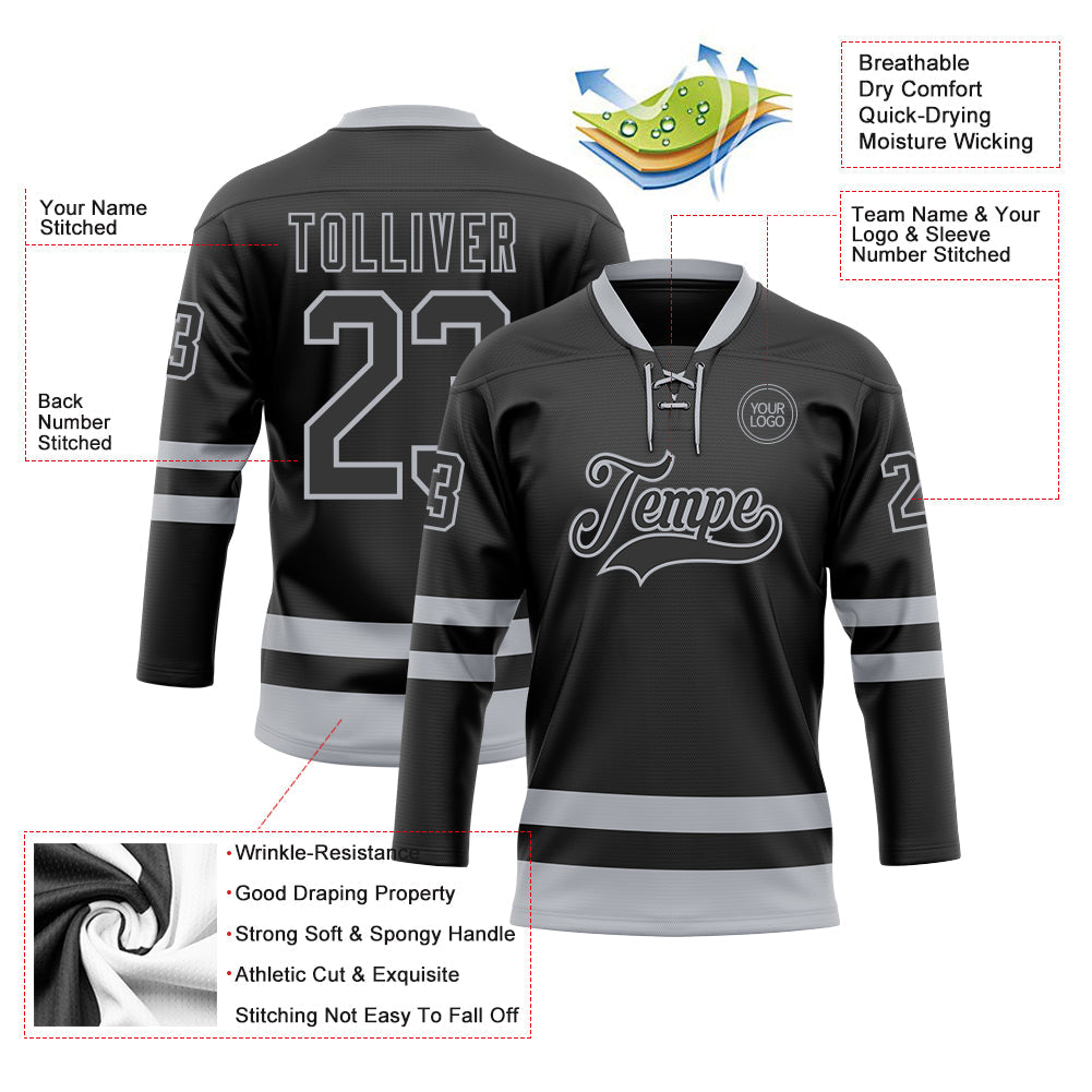 Custom Black Gray Hockey Lace Neck Jersey - Sky-Custom
