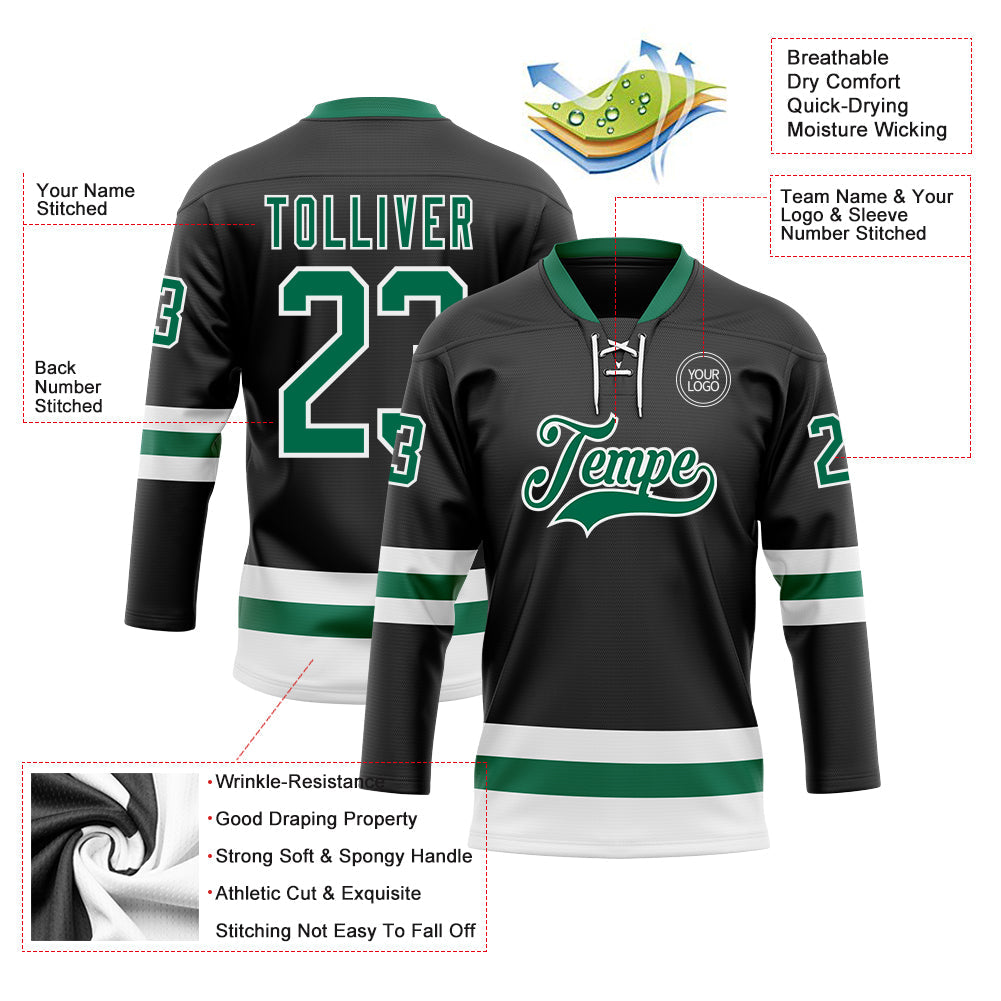 Custom Black Kelly Green-White Hockey Lace Neck Jersey - Sky-Custom