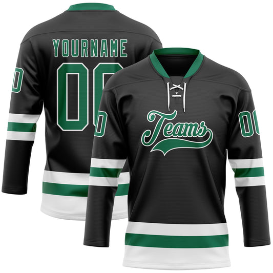 Custom Black Kelly Green-White Hockey Lace Neck Jersey - Sky-Custom