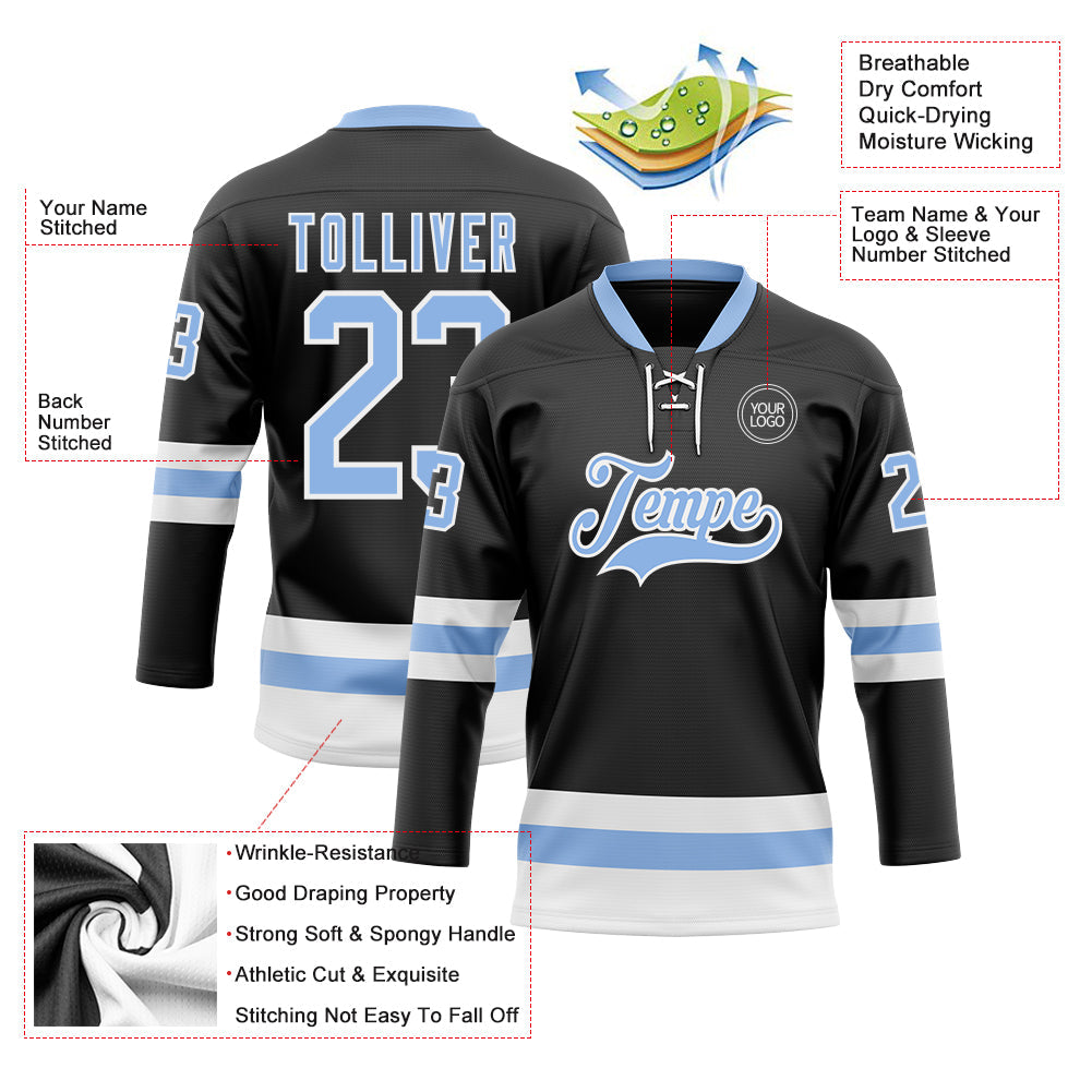 Custom Black Light Blue-White Hockey Lace Neck Jersey - Sky-Custom