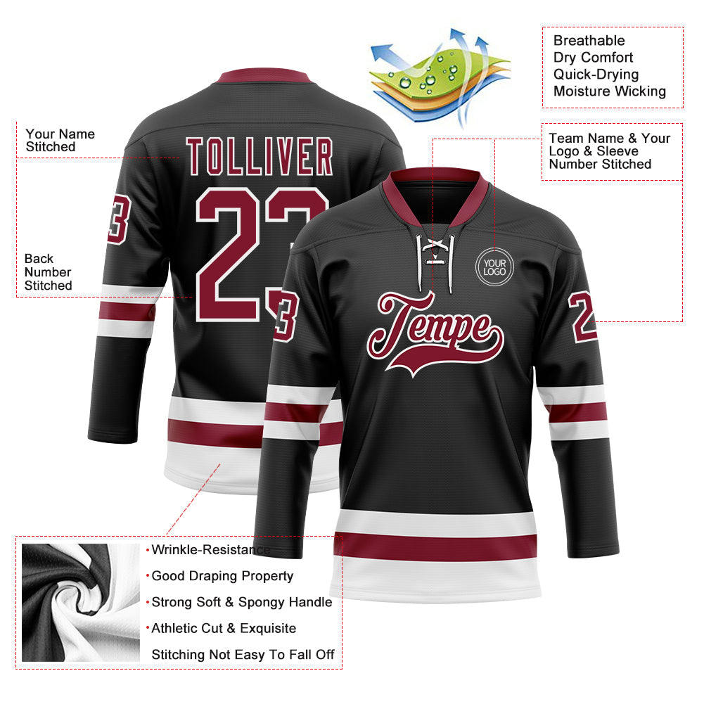 Custom Black Crimson-White Hockey Lace Neck Jersey - Sky-Custom