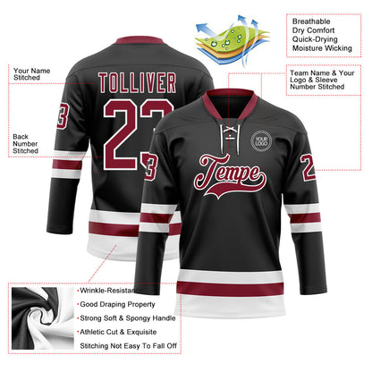 Custom Black Crimson-White Hockey Lace Neck Jersey - Sky-Custom