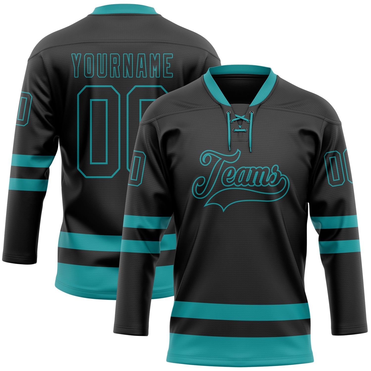 Custom Black Teal Hockey Lace Neck Jersey - Sky-Custom