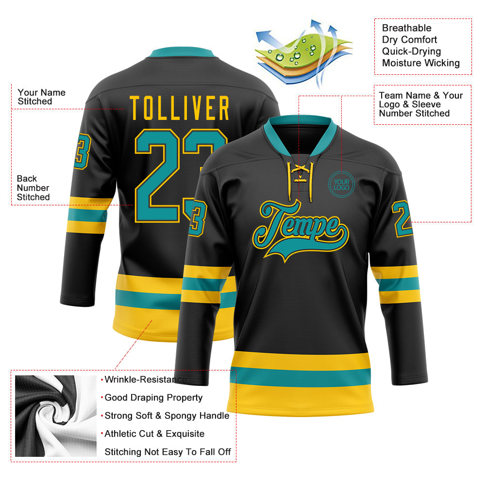 Custom Black Teal-Yellow Hockey Lace Neck Jersey - Sky-Custom