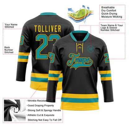 Custom Black Teal-Yellow Hockey Lace Neck Jersey - Sky-Custom
