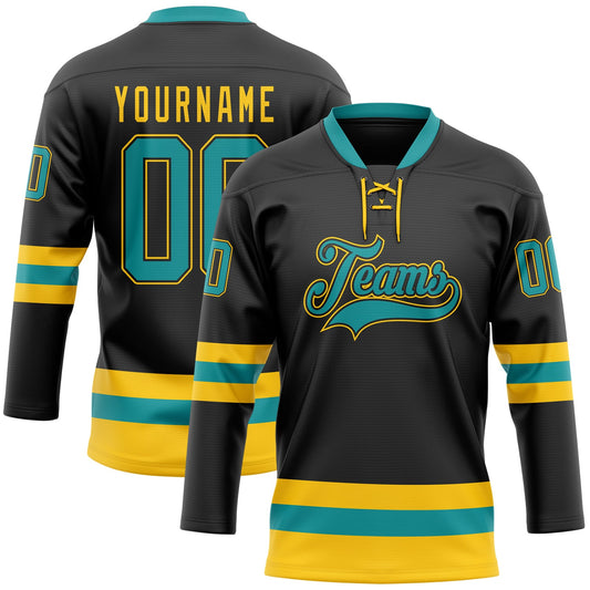 Custom Black Teal-Yellow Hockey Lace Neck Jersey - Sky-Custom