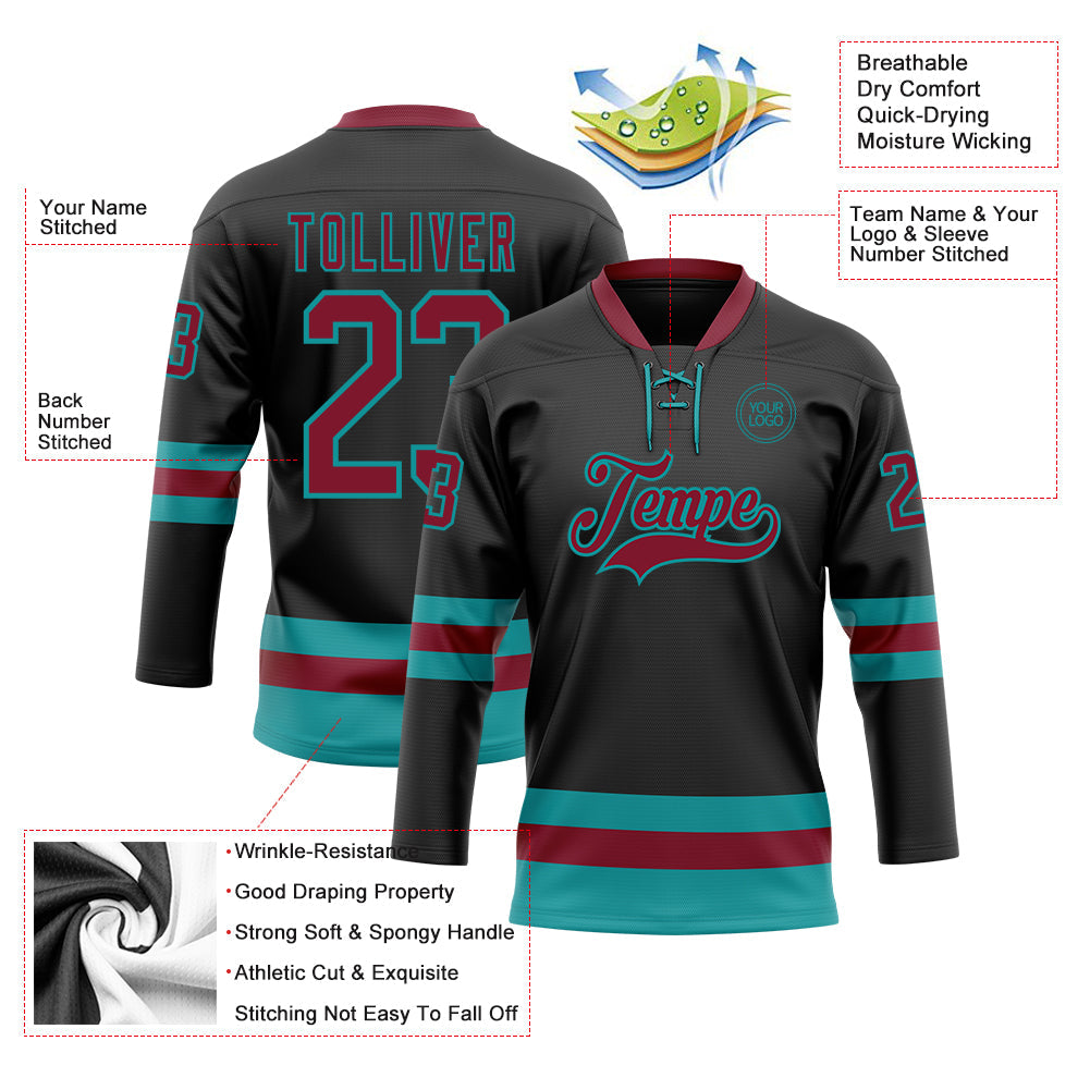 Custom Black Crimson-Teal Hockey Lace Neck Jersey - Sky-Custom