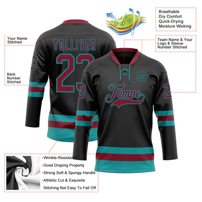 Custom Black Crimson-Teal Hockey Lace Neck Jersey - Sky-Custom