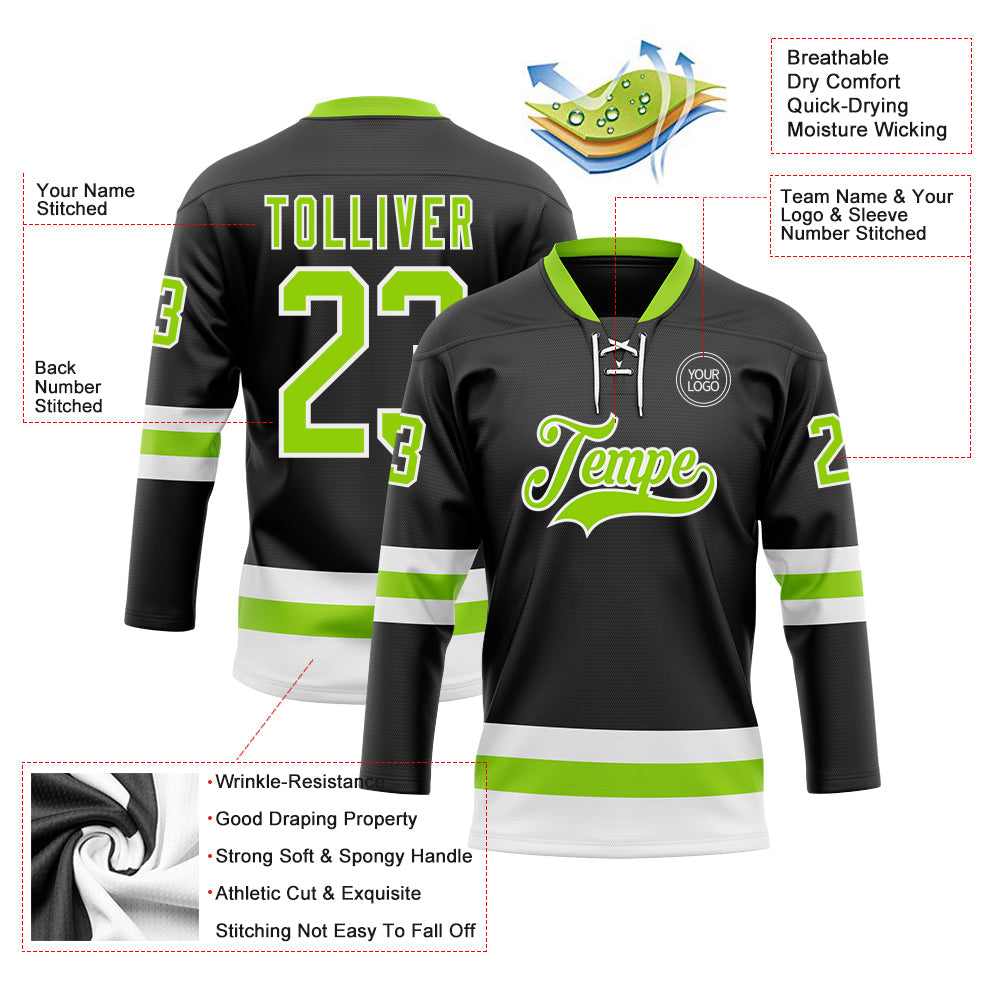 Custom Black Neon Green-White Hockey Lace Neck Jersey - Sky-Custom