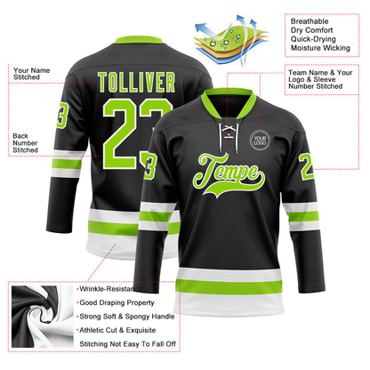 Custom Black Neon Green-White Hockey Lace Neck Jersey - Sky-Custom