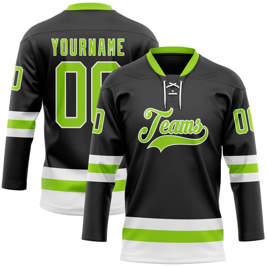 Custom Black Neon Green-White Hockey Lace Neck Jersey - Sky-Custom