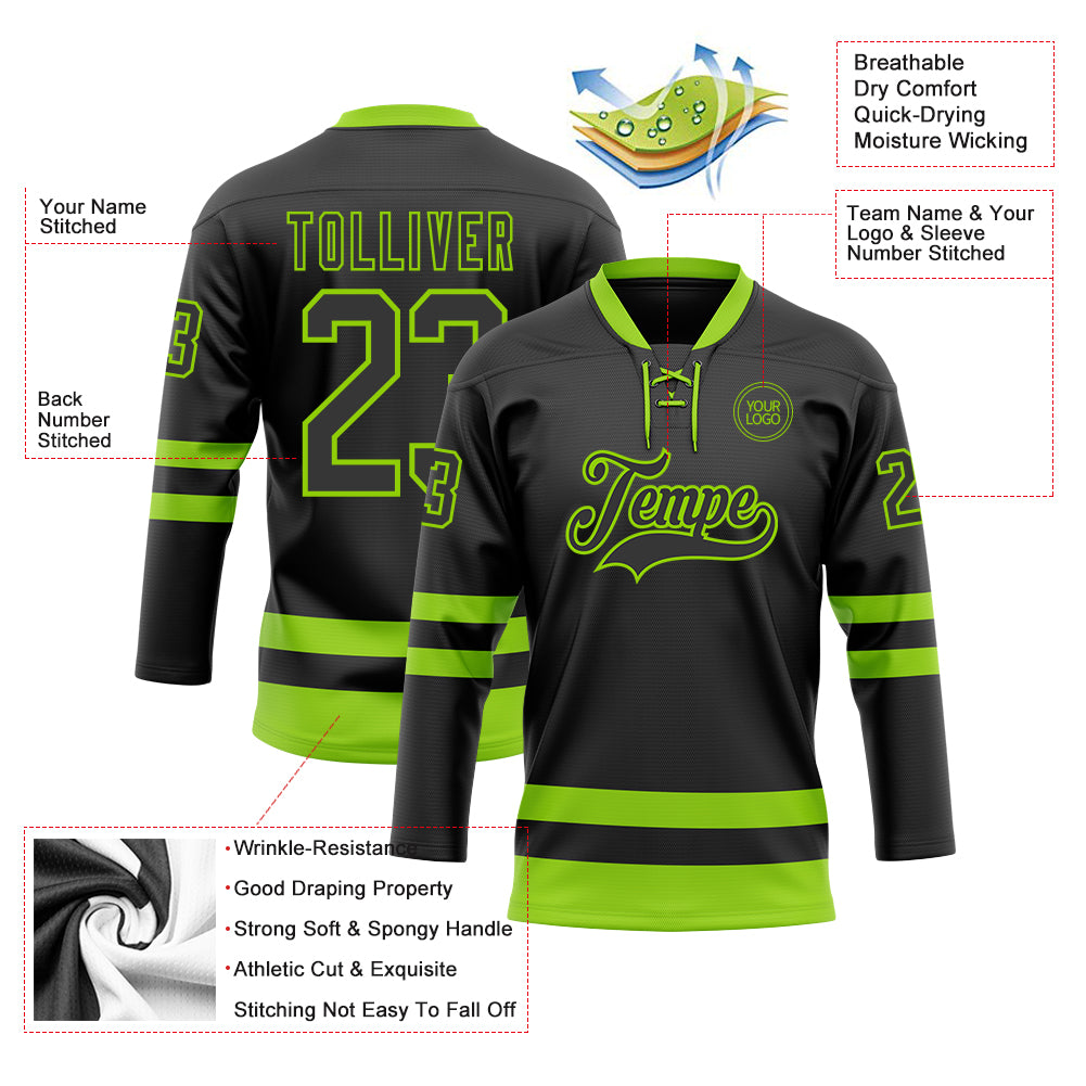 Custom Black Neon Green Hockey Lace Neck Jersey - Sky-Custom