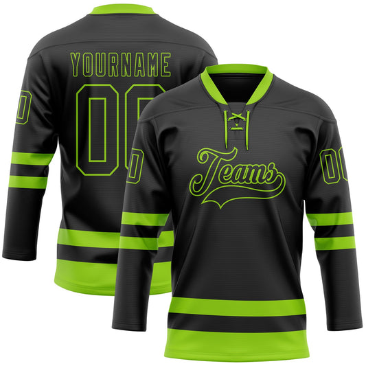 Custom Black Neon Green Hockey Lace Neck Jersey - Sky-Custom