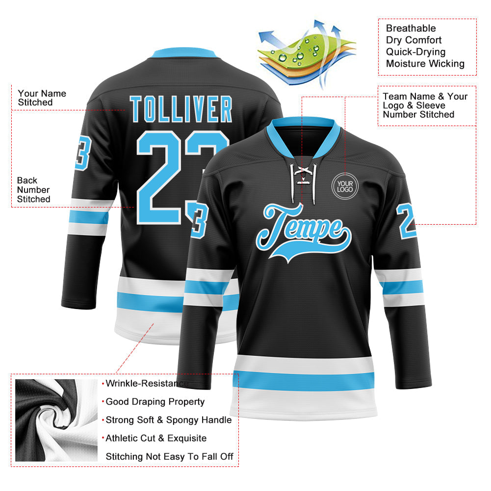 Custom Black Sky Blue-White Hockey Lace Neck Jersey - Sky-Custom