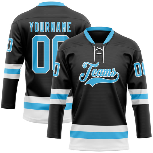 Custom Black Sky Blue-White Hockey Lace Neck Jersey - Sky-Custom