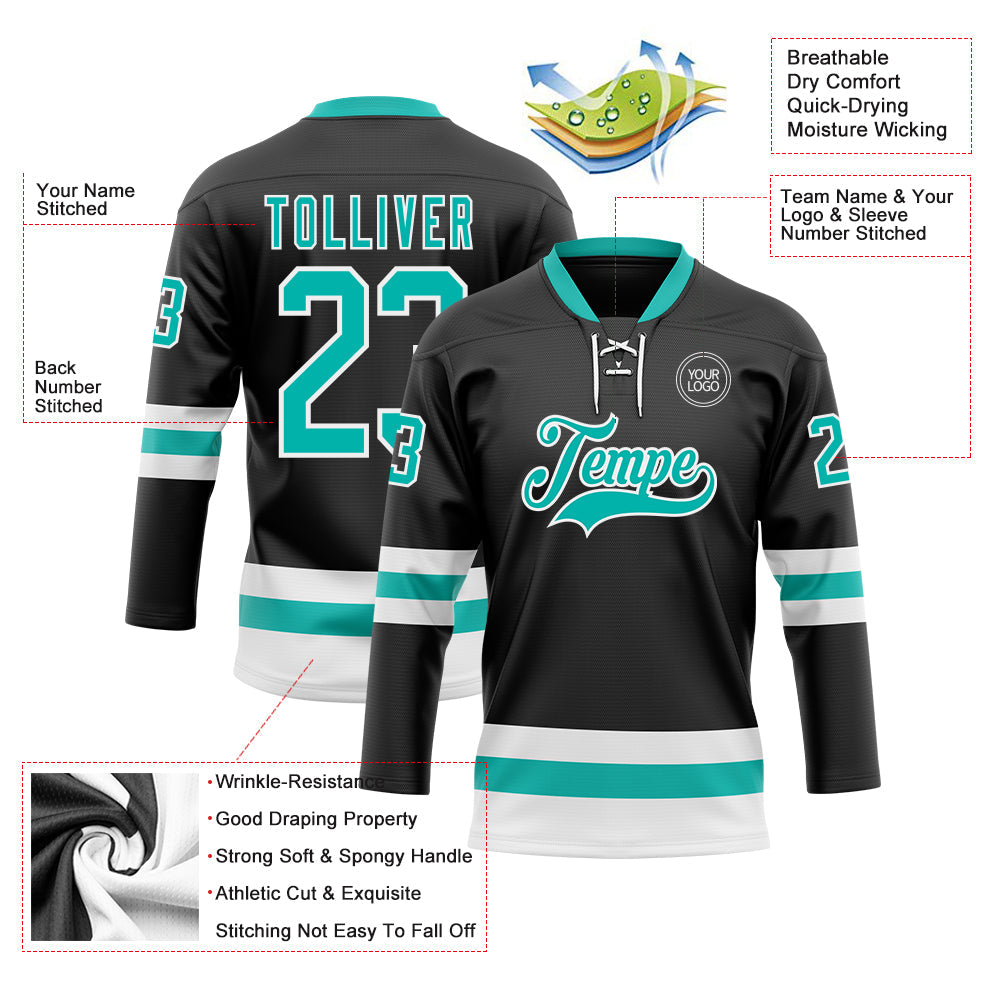 Custom Black Aqua-White Hockey Lace Neck Jersey - Sky-Custom