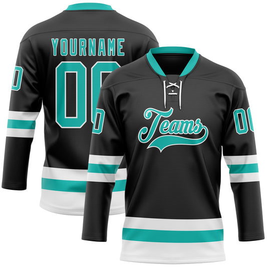 Custom Black Aqua-White Hockey Lace Neck Jersey - Sky-Custom