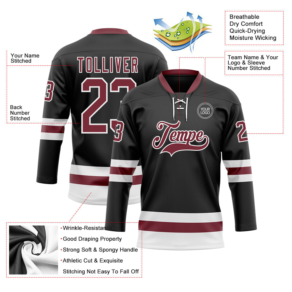 Custom Black Burgundy-White Hockey Lace Neck Jersey - Sky-Custom