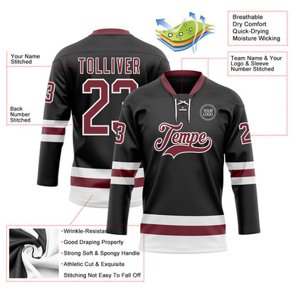 Custom Black Burgundy-White Hockey Lace Neck Jersey - Sky-Custom
