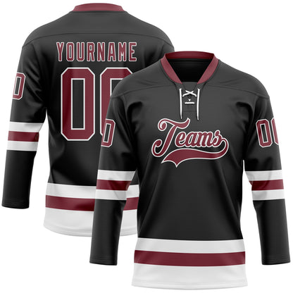 Custom Black Burgundy-White Hockey Lace Neck Jersey - Sky-Custom