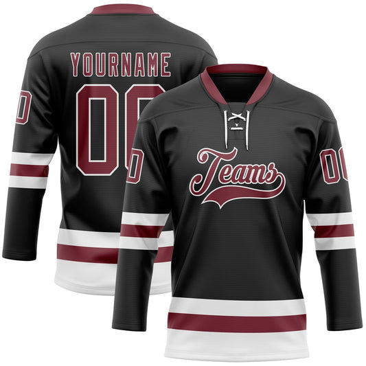 Custom Black Burgundy-White Hockey Lace Neck Jersey - Sky-Custom