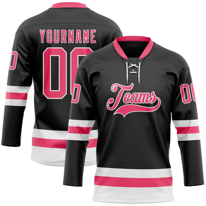 Custom Black Neon Pink-White Hockey Lace Neck Jersey - Sky-Custom