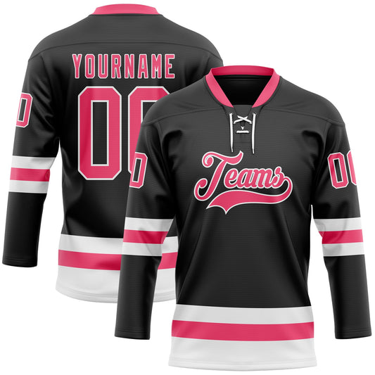 Custom Black Neon Pink-White Hockey Lace Neck Jersey - Sky-Custom