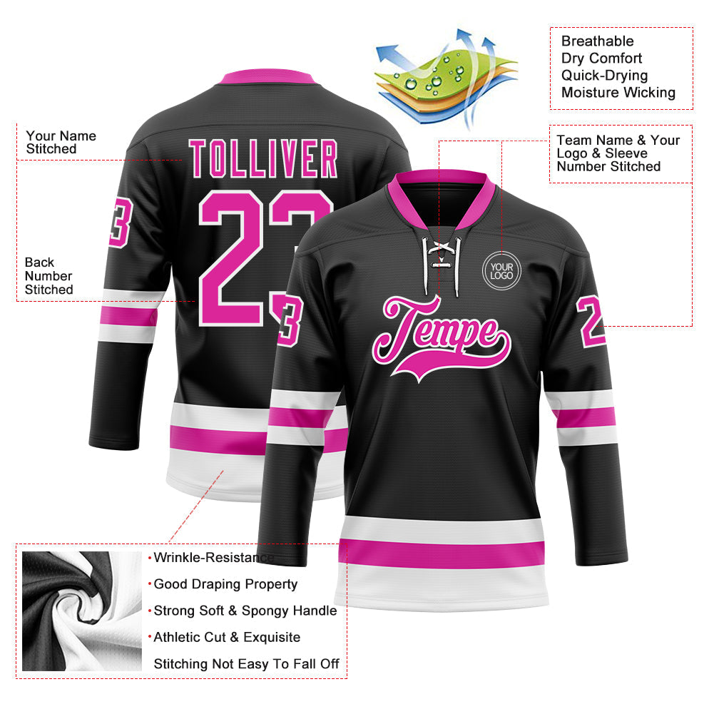 Custom Black Deep Pink-White Hockey Lace Neck Jersey - Sky-Custom