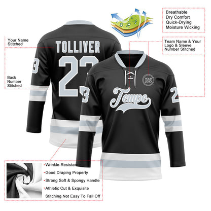 Custom Black Silver-White Hockey Lace Neck Jersey - Sky-Custom