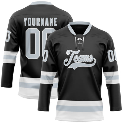 Custom Black Silver-White Hockey Lace Neck Jersey - Sky-Custom