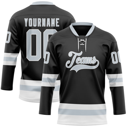Custom Black Silver-White Hockey Lace Neck Jersey - Sky-Custom