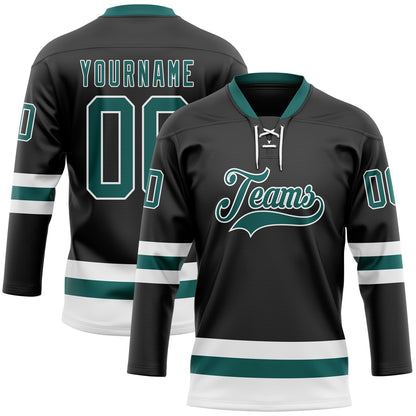 Custom Black Midnight Green-White Hockey Lace Neck Jersey - Sky-Custom