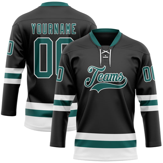 Custom Black Midnight Green-White Hockey Lace Neck Jersey - Sky-Custom