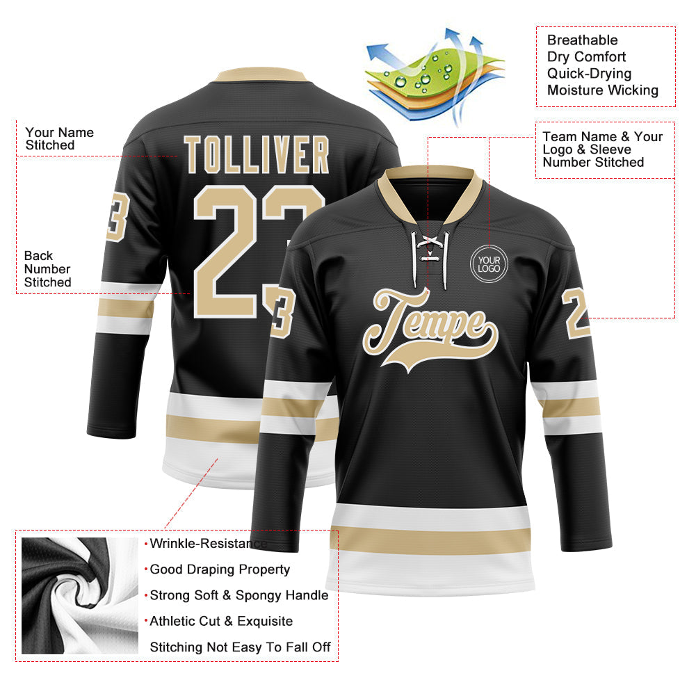 Custom Black Vegas Gold-White Hockey Lace Neck Jersey - Sky-Custom