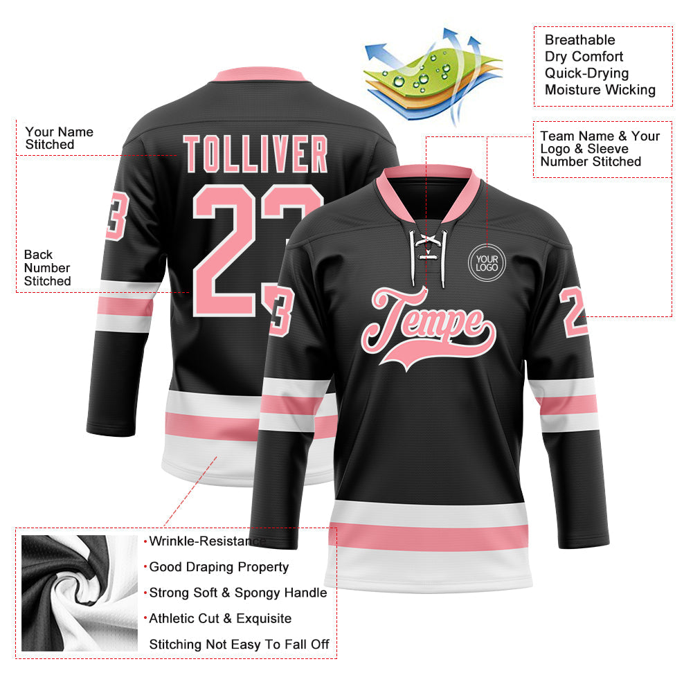 Custom Black Medium Pink-White Hockey Lace Neck Jersey - Sky-Custom