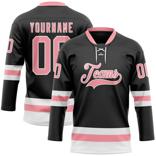 Custom Black Medium Pink-White Hockey Lace Neck Jersey - Sky-Custom