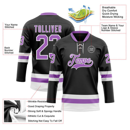 Custom Black Medium Purple-White Hockey Lace Neck Jersey - Sky-Custom