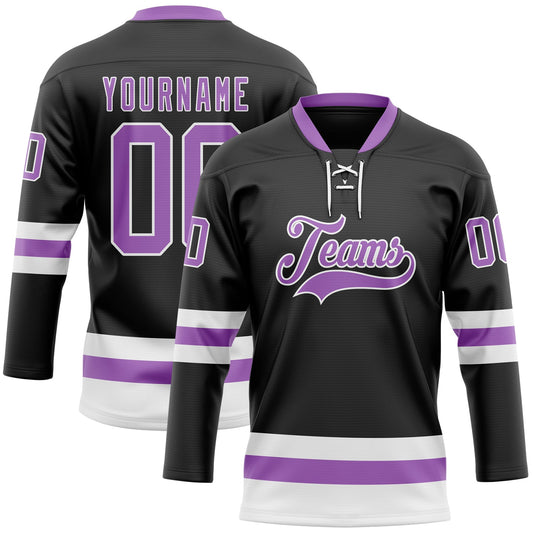 Custom Black Medium Purple-White Hockey Lace Neck Jersey - Sky-Custom