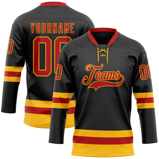 Custom Black Red-Gold Hockey Lace Neck Jersey - Sky-Custom