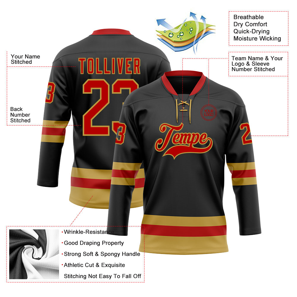 Custom Black Red-Old Gold Hockey Lace Neck Jersey - Sky-Custom