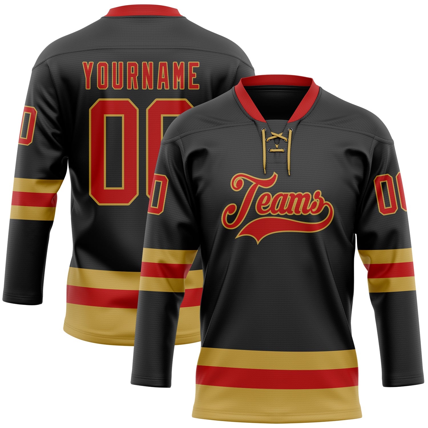 Custom Black Red-Old Gold Hockey Lace Neck Jersey - Sky-Custom