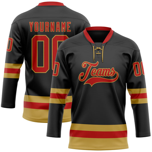 Custom Black Red-Old Gold Hockey Lace Neck Jersey - Sky-Custom
