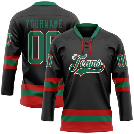 Custom Black Kelly Green-Red Hockey Lace Neck Jersey - Sky-Custom